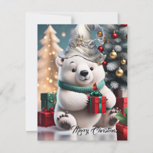 Cute fluffy christmas polar bear with gift. holiday card