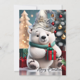 Cute fluffy christmas polar bear with gift. holiday card