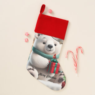 Cute fluffy christmas polar bear  with gift. stocking