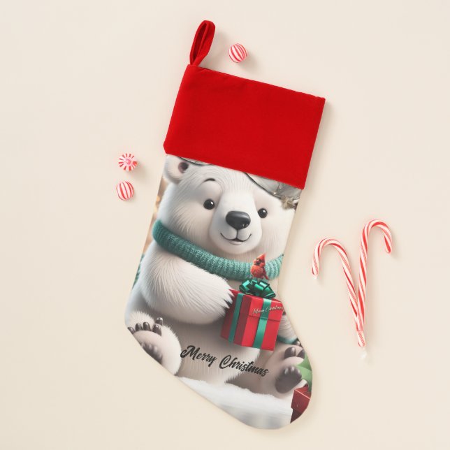 Cute fluffy christmas polar bear  with gift. stocking (Front)
