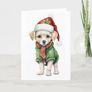 Cute Fluffy Christmas Puppy, Hat, Scarf BLANK Holiday Card