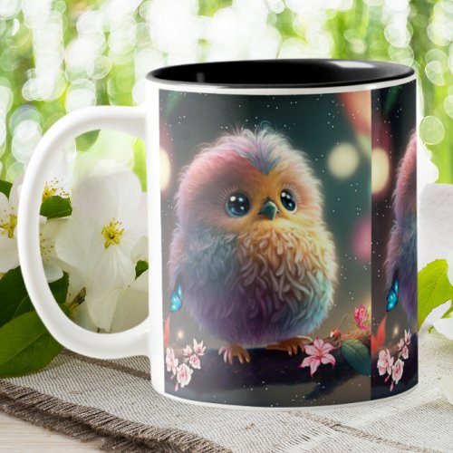 Cute Fluffy Colorful Bird on a Tree Art  Two_Tone Coffee Mug