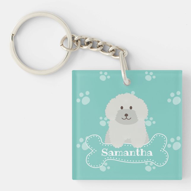 Cute Fluffy Curly Coat Poodle Puppy Dog Monogram Keychain (Front)