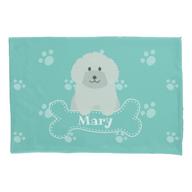Cute Fluffy Curly Coat Poodle Puppy Dog Monogram Pillow Case (Front)
