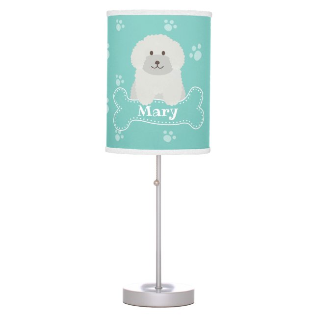 Cute Fluffy Curly Coat Poodle Puppy Dog Monogram Table Lamp (Front)