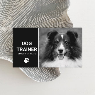 Cute Fluffy Dog Photo Dog Trainer Black And White Business Card