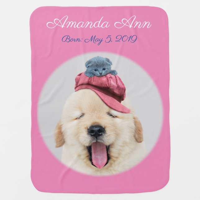 Cute Fluffy Dog with a Cat on His Head Person Name Baby Blanket (Front)