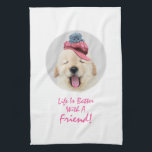 Cute Fluffy Dog with a Cat on His Head Personalize Kitchen Towel<br><div class="desc">This Cute Fluffy White Dog wears a hat with a Cat on his head and says, "Life is better with a friend". Personalize this towel
until your heart's content.</div>