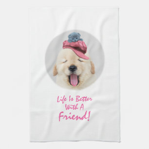 Cute Fluffy Dog with a Cat on His Head Personalize Kitchen Towel