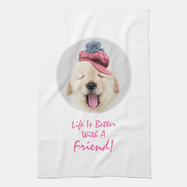 Cute Fluffy Dog with a Cat on His Head Personalize Kitchen Towel (Vertical)