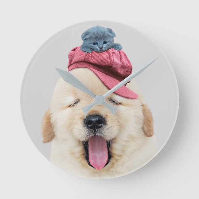 Cute Fluffy Dog with a Cat on His Head Round Clock (Front)