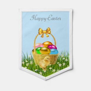 Cute Fluffy Easter Chick & Multi-Colored Eggs Pennant