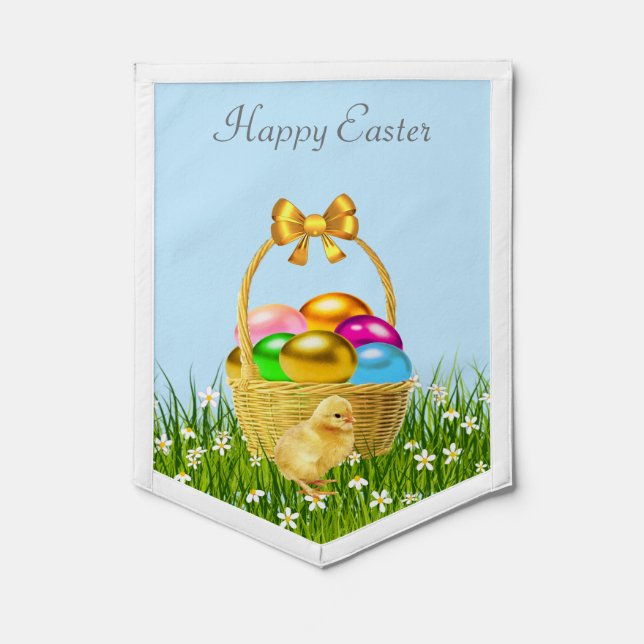 Cute Fluffy Easter Chick & Multi-Colored Eggs Pennant (Front)