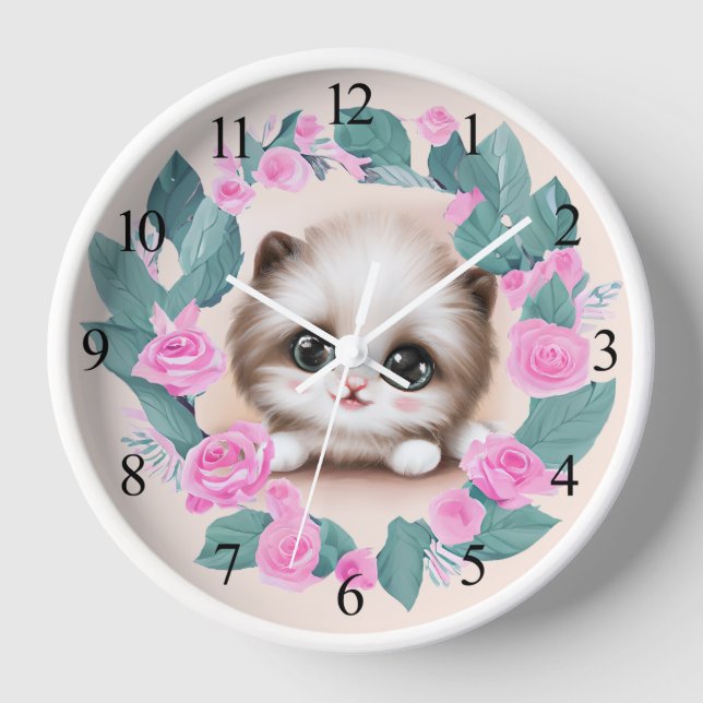 Cute Fluffy Furr Ball Kitten Clock (Front)