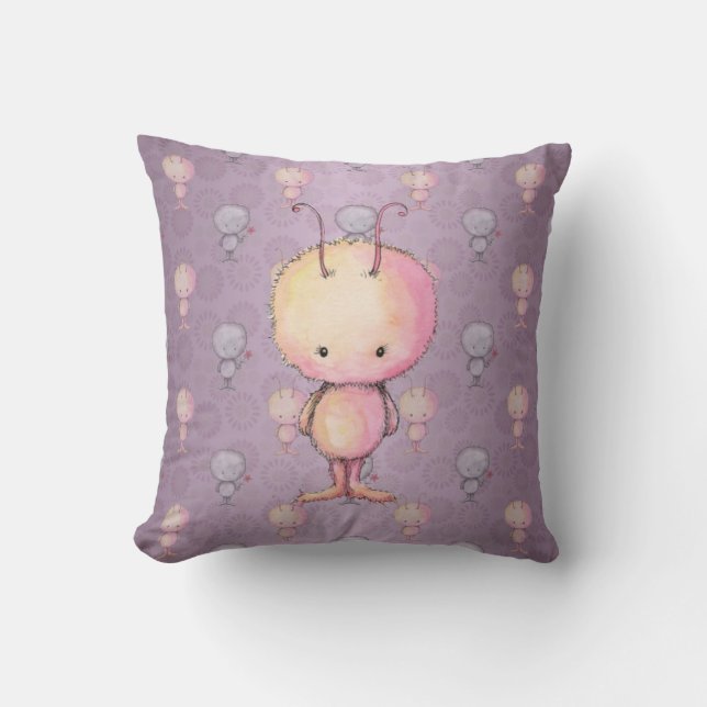 Cute Fluffy Fuzzy Monsters Throw Pillow (Front)