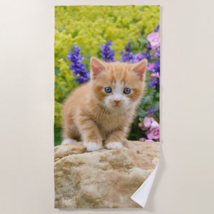 Cute Fluffy Ginger Baby Cat Kitten Flowers - Beach Towel
