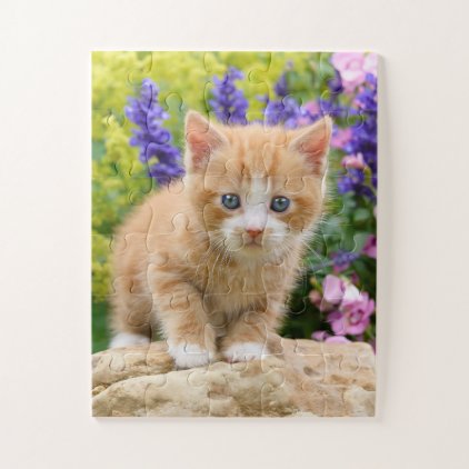 Cute Fluffy Ginger Baby Cat Kitten in Flowers Pet Jigsaw Puzzle