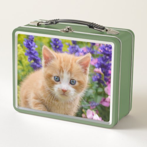 Cute Fluffy Ginger Baby Cat Kitten in Flowers Pet Metal Lunch Box