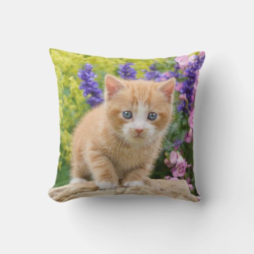 Cute Fluffy Ginger Baby Cat Kitten in Flowers Pet Throw Pillow