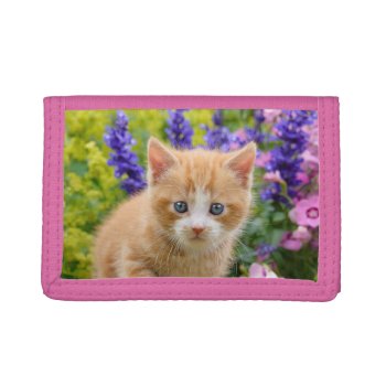 Cute Fluffy Ginger Cat Kitten In Flowers Pet Photo Tri-fold Wallet by Kathom_Photo at Zazzle