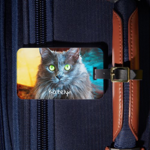 Cute fluffy gray cat photo custom name script luggage tag
