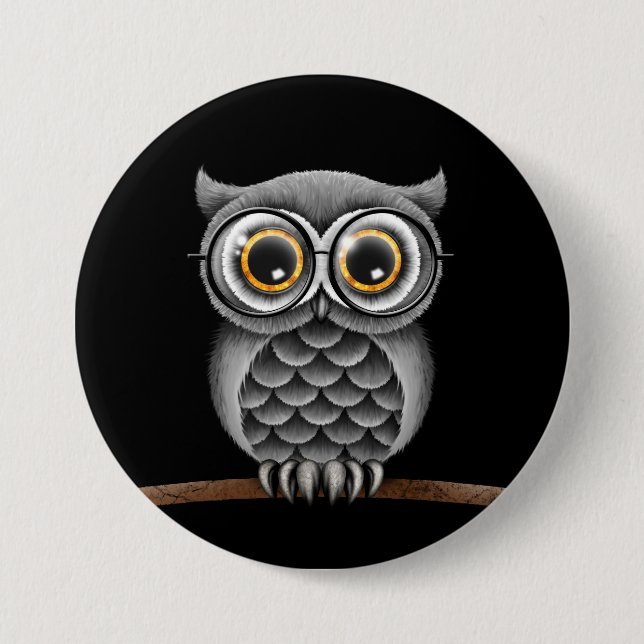 Cute Fluffy Gray Owl with Glasses, Black Button (Front)