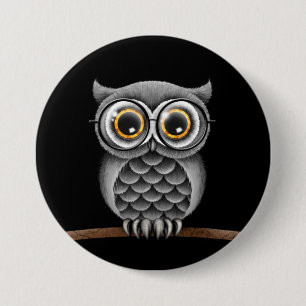 Cute Fluffy Gray Owl with Glasses, Black Button