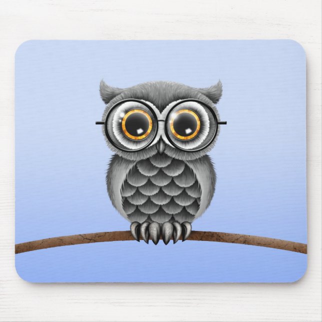 Cute Fluffy Gray Owl with Glasses, Light Blue Mouse Pad (Front)