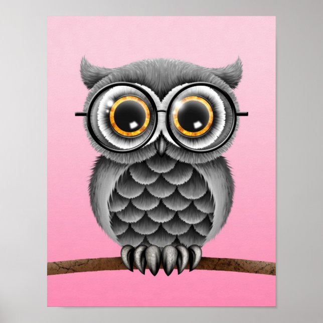 Cute Fluffy Gray Owl with Glasses, Pink Poster (Front)