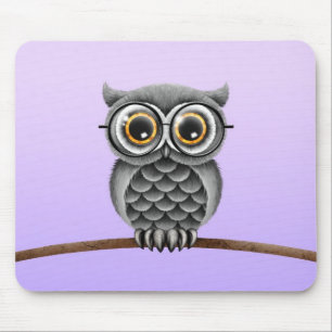 Cute Fluffy Gray Owl with Glasses, Purple Mouse Pad