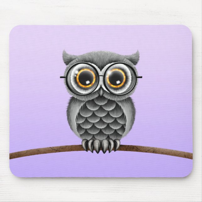 Cute Fluffy Gray Owl with Glasses, Purple Mouse Pad (Front)