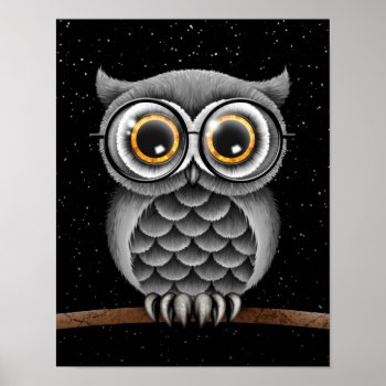 Cute Fluffy Gray Owl With Glasses With Stars Poster by crazycreatures at Zazzle