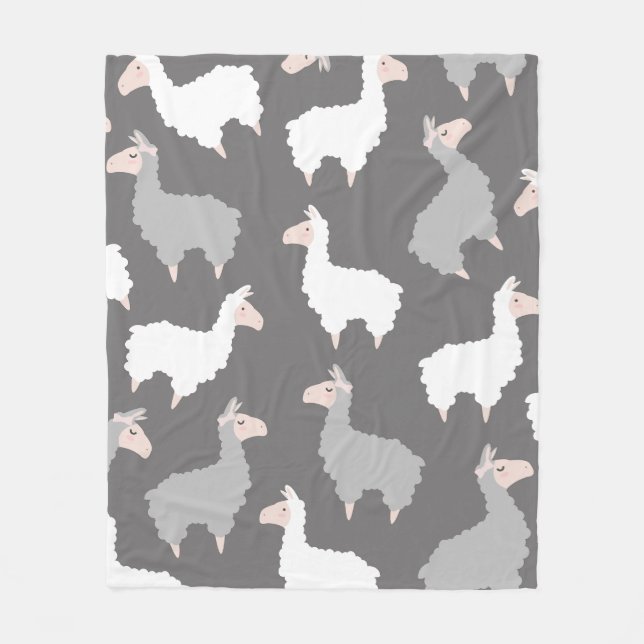 Cute Fluffy Grey & White Llamas Fleece Blanket (Front)