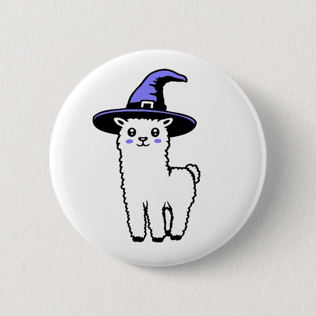 Cute Fluffy Halloween Llama Wearing Purple Witch Button (Front)