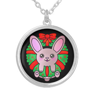 Cute Fluffy Happy Bunny in Pretty Wreath Silver Plated Necklace