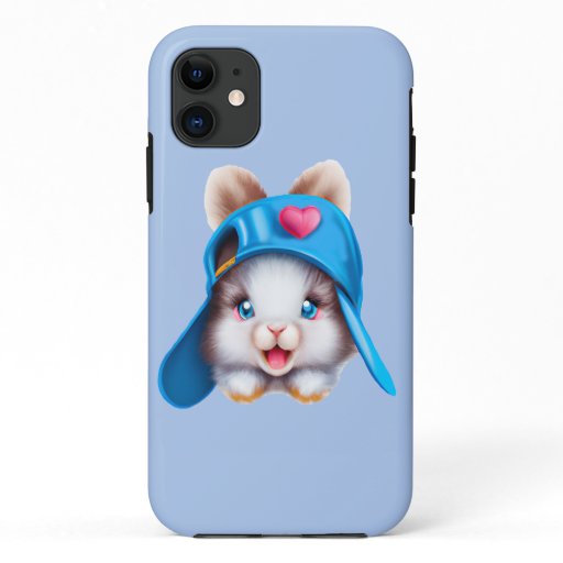 Cute Fluffy Hiphop Baby Bunny with a Blue Hat   iPhone 11 Case