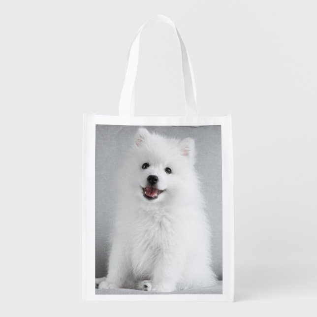 Cute Fluffy Japanese Spitz Puppy Grocery Bag (Front)