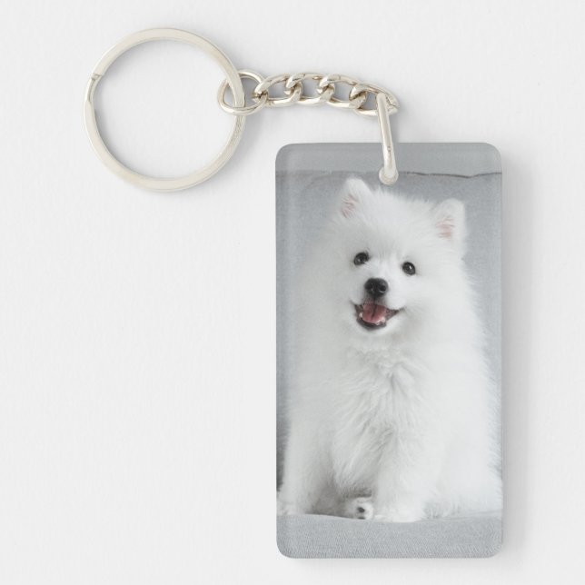 Cute Fluffy Japanese Spitz Puppy Keychain (Front)