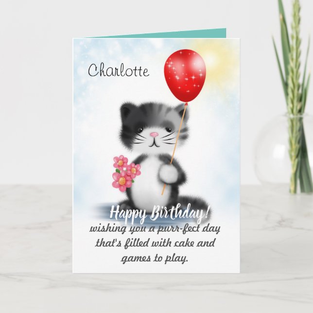 Cute Fluffy Kitten Art Happy Birthday Poem Card (Front)