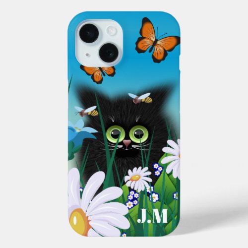 Cute Fluffy Kitten in Daisy Meadow iPhone 15 Case