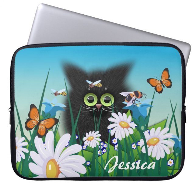 Cute Fluffy Kitten in Daisy Meadow Laptop Sleeve (Front)