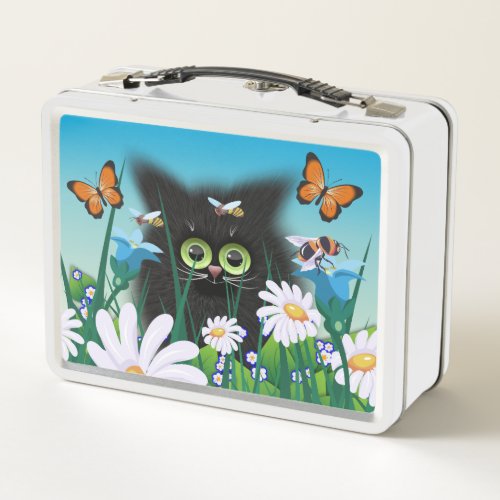 Cute Fluffy Kitten in Daisy Meadow Metal Lunch Box