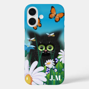 Cute Fluffy Kitten in Daisy Meadow Monogram iPhone 16 Case