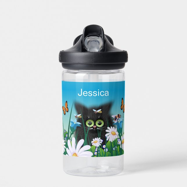 Cute Fluffy Kitten in Daisy Meadow Personalised Water Bottle (Front)