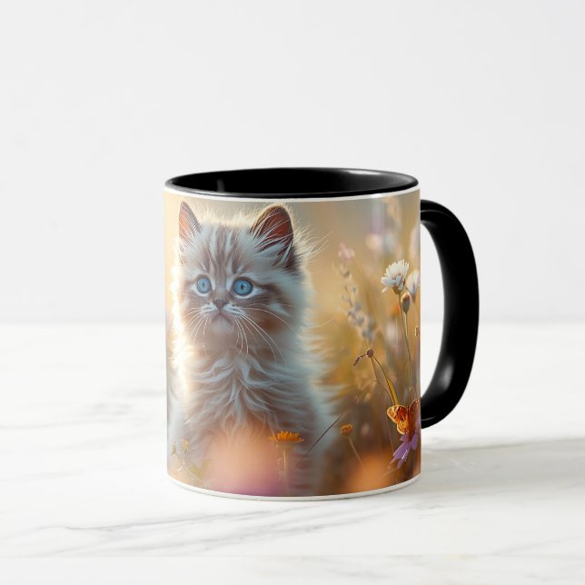 Cute Fluffy Kitten in Wildflowers Coffee Mug (Front Right)