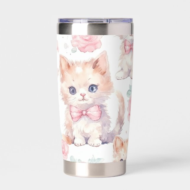 Cute Fluffy Kittens with Pink Roses Insulated Tumbler (Front)