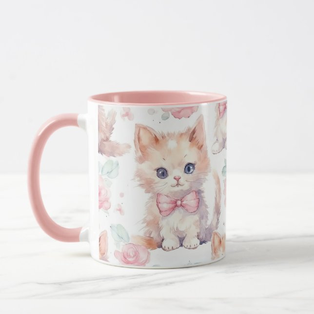 Cute Fluffy Kittens with Pink Roses Mug (Left)