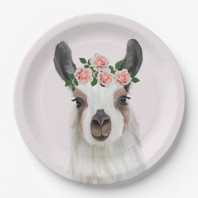 Cute Fluffy Llama With Rose Flower Crown Pink  Paper Plates (Front)