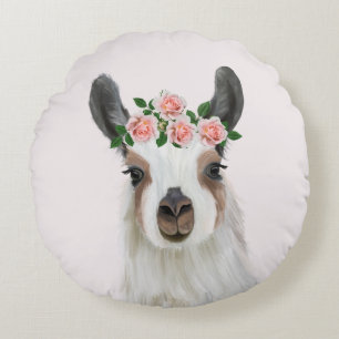 Cute Fluffy Llama With Rose Flower Crown Pink  Round Pillow