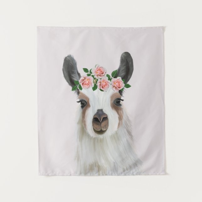 Cute Fluffy Llama With Rose Flower Crown Pink Tapestry (Front)